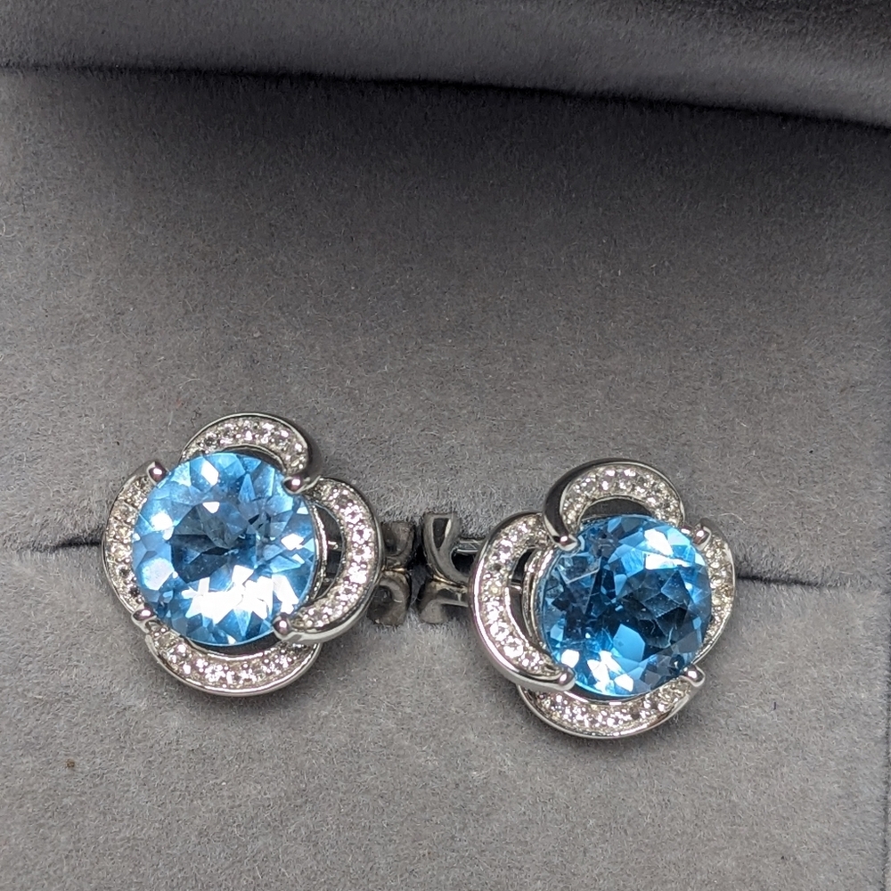 New Swiss Blue Topaz Halo Earrings Sterling Silver 3.5ct 925 Fine Jewelry Push